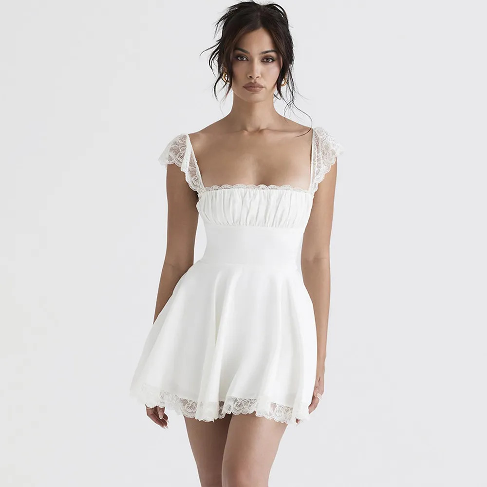 Casual Dresses Lace Square Neck Suspender Skirt Slim Backless French Tie White Dress Girl | DHGate