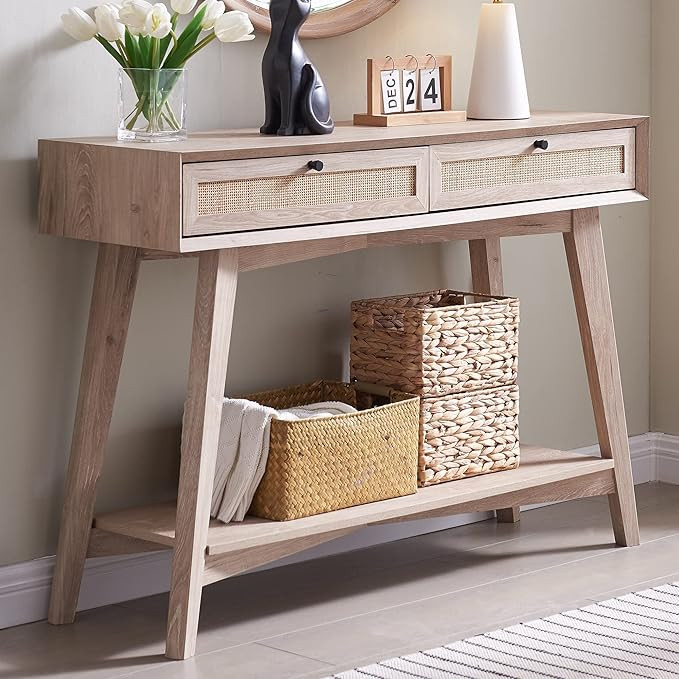 OKD Modern Mid Century Console Table with Natural Rattan Storage Drawers Boho Entryway Table with... | Amazon (US)