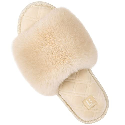 LongBay Women's Fuzzy Slippers Comfy Cloud Memory Foam House Shoes Home Open Toe Slides Indoor Outdoor (Medium / 7-8, Cream) | Amazon (US)