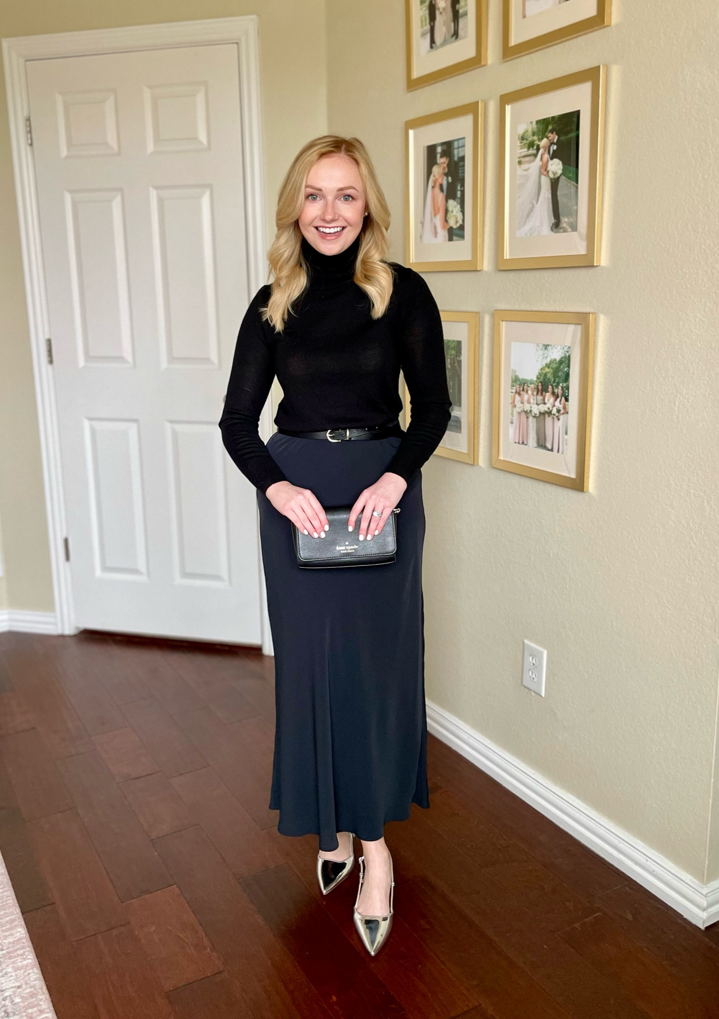 Skirt and bag are old, linked similar options | slip skirt, satin skirt, black outfit, winter outfit, winter date night outfit, silver shoes, silver heels, kitten heels 

#LTKstyletip #LTKfindsunder50 #LTKSeasonal