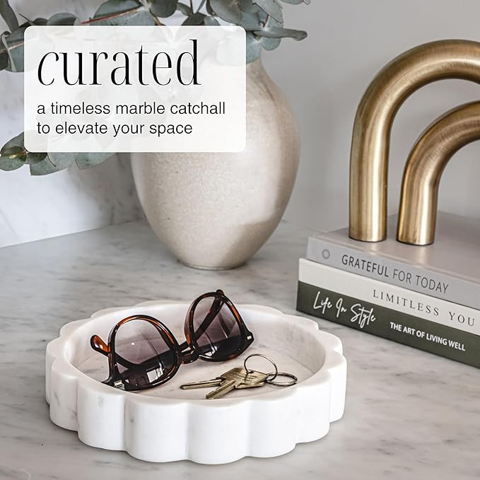 White Scalloped Marble Tray - 8" Round Stone Vanity Tray for Perfume & Jewelry, Marble Dish for B... | Amazon (US)