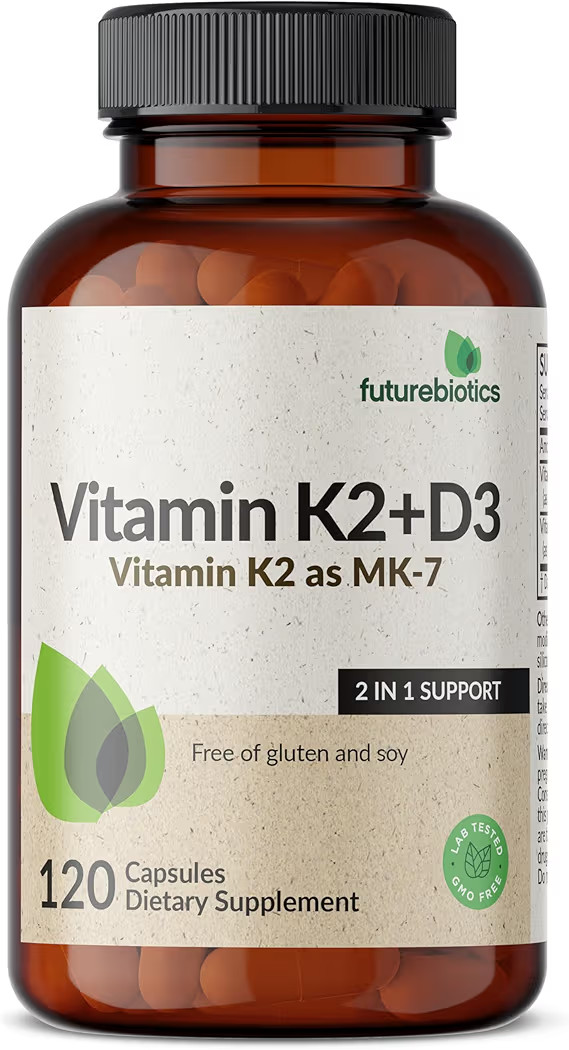 Futurebiotics Vitamin K2 (MK7) with D3 Supplement - Non-GMO Formula - 5000 IU Vitamin D3 & 90 mcg Vitamin K2 MK-7, 120 Vegetarian Capsules | Amazon (US)