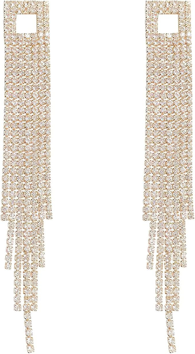 Amazon.com: Elegant Rhinestone Crystal Long Tassel Earrings for Women Bridal Drop Dangling Earrin... | Amazon (US)