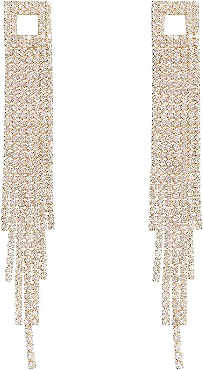 Amazon.com: Elegant Rhinestone Crystal Long Tassel Earrings for Women Bridal Drop Dangling Earrin... | Amazon (US)