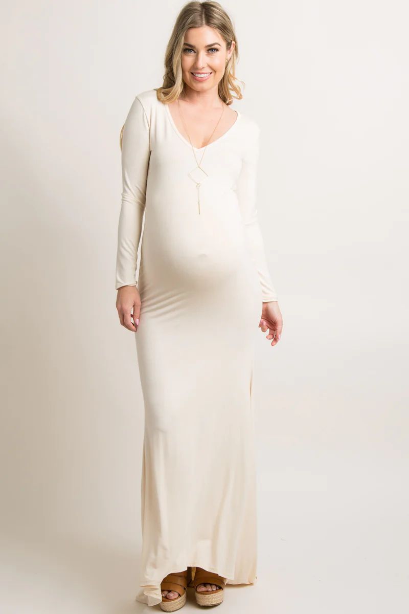 PinkBlush Beige Long Sleeve Photoshoot Maternity Gown/Dress | PinkBlush Maternity