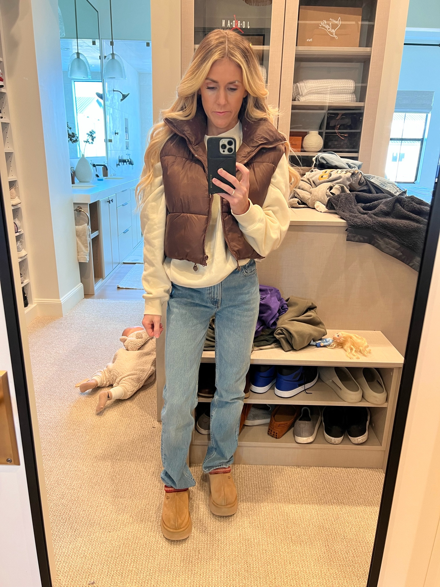 Casual and comfy fit 

Vest 
I sized up to a medium 
Pants 
TTS but are a baggy fit 
Uggs 
I’m wearing my TTS 7 but could have sized up 
FOG sweatshirt 
Oversized fit. I’m wearing an xs
Available on Stock X but at a high price 

#LTKstyletip #LTKhome #LTKfit