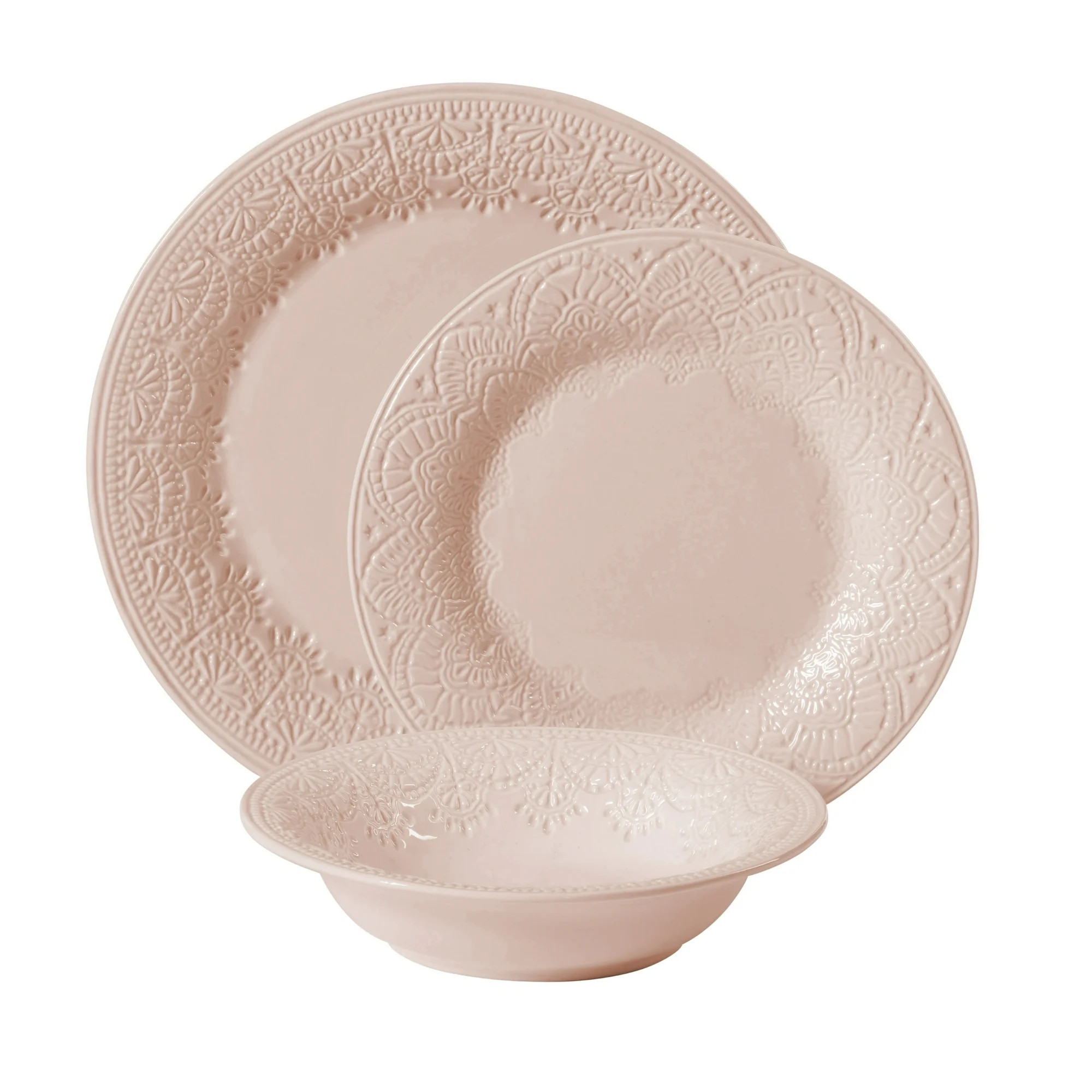 The Pioneer Woman Vintage Lace 12-Piece Ceramic Dinnerware Set, Linen - Walmart.com | Walmart (US)