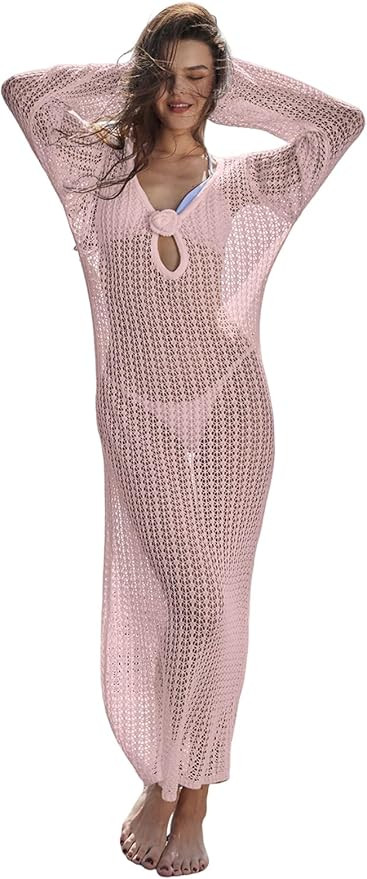 Leoparts Women's Knitted Swimsuit Cover Up 3D Floral Hollow Out Open Back Tie-Up Maxi Dress Beach... | Amazon (US)