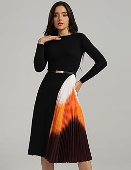 Gradient Patchwork Dress Glamorous Pleated Dress Belted Knit Dress Long Sleeve A Line Dress Trend... | Amazon (US)