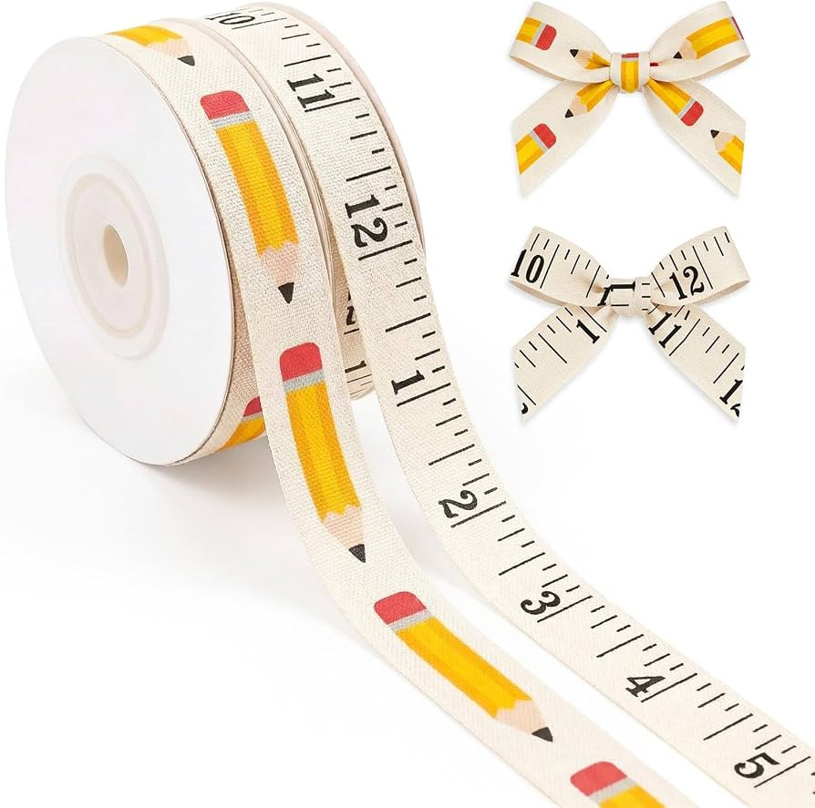 2 Rolls 5/8 Inch × 10 Yard Back to School Ribbons for Bow Making, Pencil Ruler Cotton Ribbon Bow... | Amazon (US)