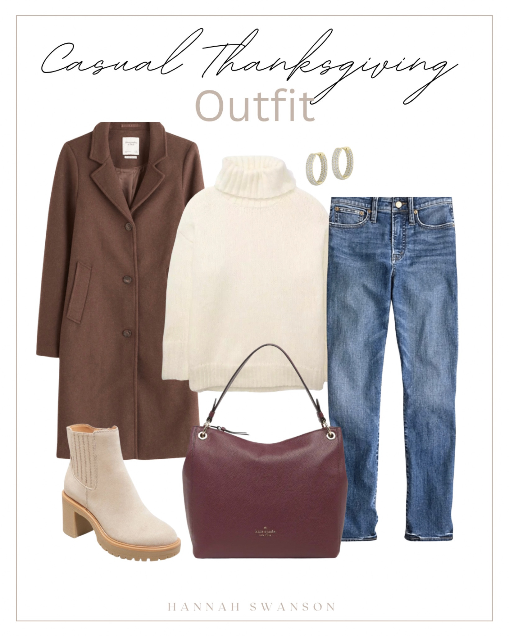 Brown dad coat. Tirtleneck sweater. Cream sweater. Straight leg jeans. Women’s jeans. Cream booties. Beige boots. Brown handbag. Brown purse. Thanksgiving outfit. Outfit idea. Fall outfit. Holiday outfit. Hoop earrings. Diamond hoop earrings. 

#LTKsalealert #LTKSeasonal #LTKHoliday
