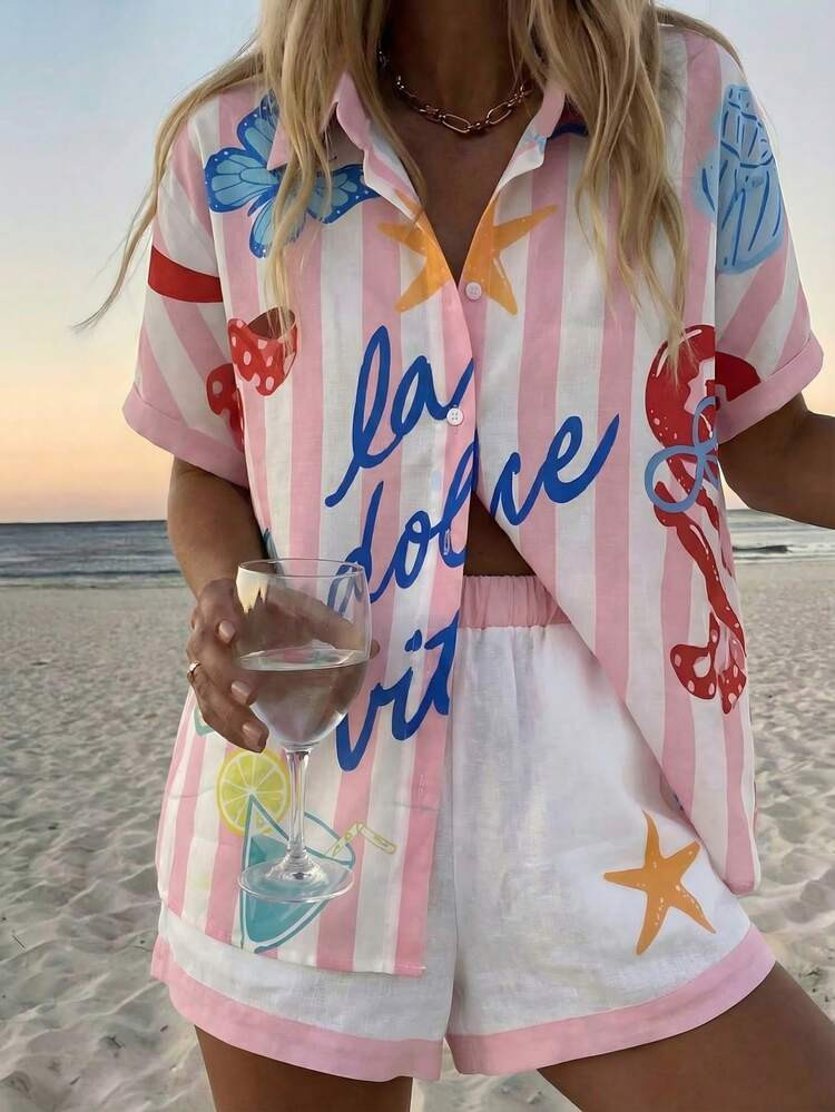 Vaclyn Women's Summer Vacation Casual Printed Shirt & Shorts 2 Pieces Set | SHEIN