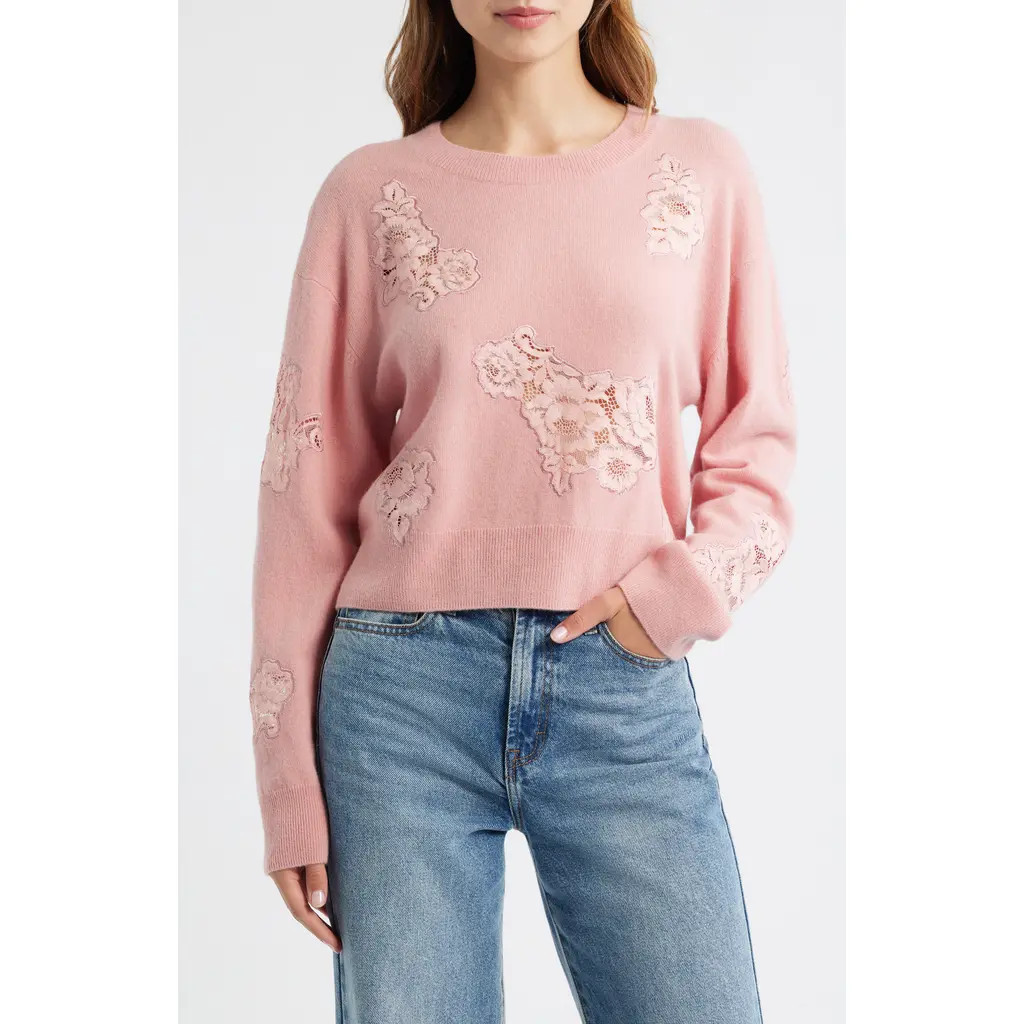 LoveShackFancy Lazuli Lace Cashmere & Wool Sweater in Quartz at Nordstrom, Size X-Small | Nordstrom