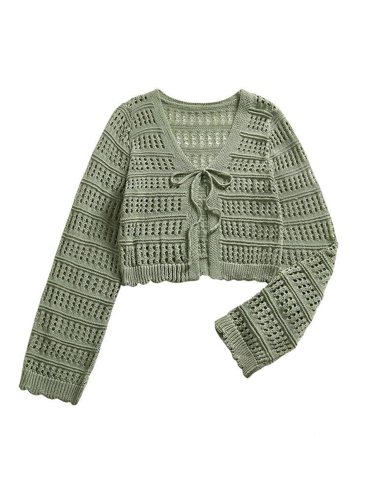 SHENHE Women's Tie Front Hollow Out Cover Up Summer Boho Knit Cardigan Crop Tops | Amazon (US)