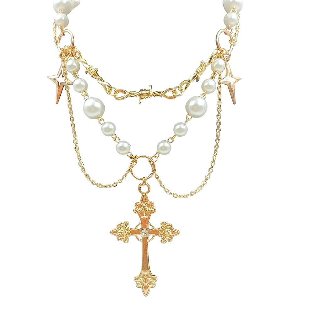 Gold Pearl Cross Necklaces for Women Gothic Hollow Cross Pendant Necklace Vintage Adjustable Neck... | Amazon (US)