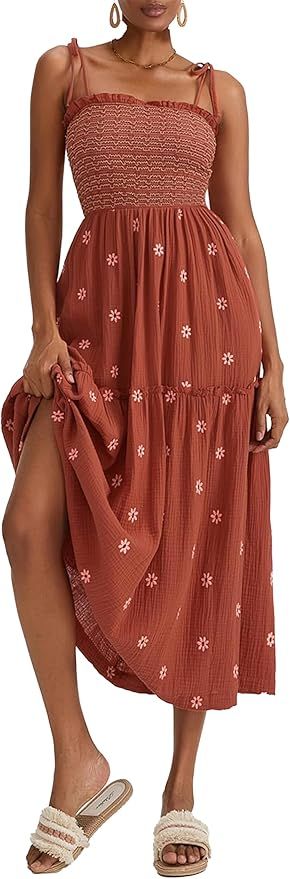 Women Floral Embroidered Maxi Dress Sleeveless Tie Shoulder Smocked Flowy Dress Boho Summer Sundr... | Amazon (US)