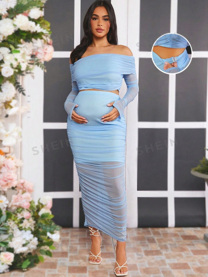 SHEIN Maternity Off-Shoulder Ruched Top And Adjustable Button-Up Skirt Set | SHEIN