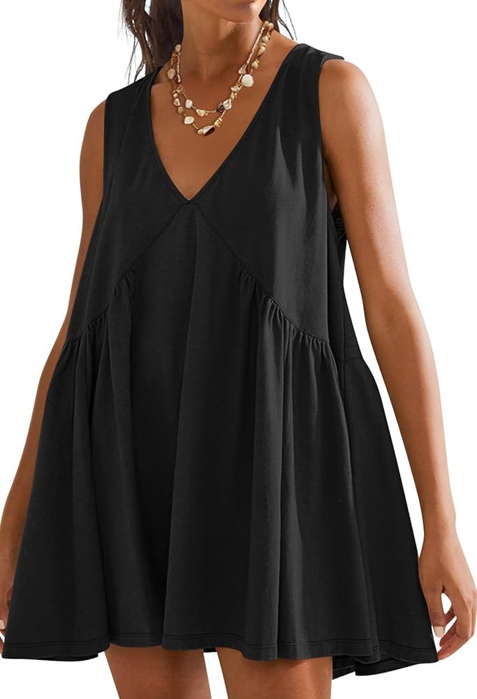 MEROKEETY Women's Summer 2024 Sleeveless Mini Dress V Neck Ruffle Casual Loose Flowy Beach Sundre... | Amazon (US)