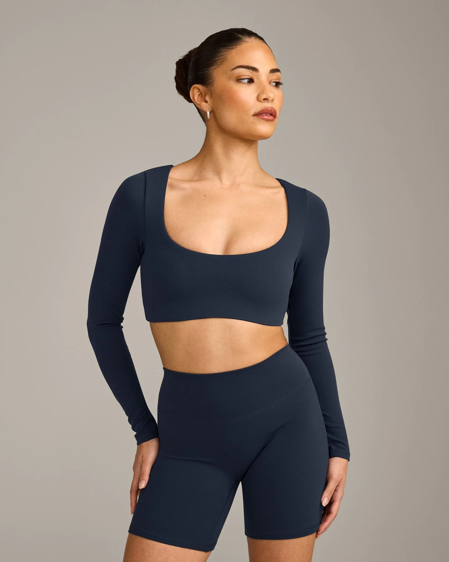 SoftMotion™ Scoop Neck Long Sleeve Crop Top with Built in Bra Shelf with Grey Logo 
 True Blue | Oner Active (UK / US)