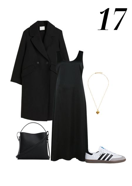 Black satin midi slip dress, black wool coat. Gold heart necklace, Adidas Samba Trainers, black shopper bag

#LTKstyletip