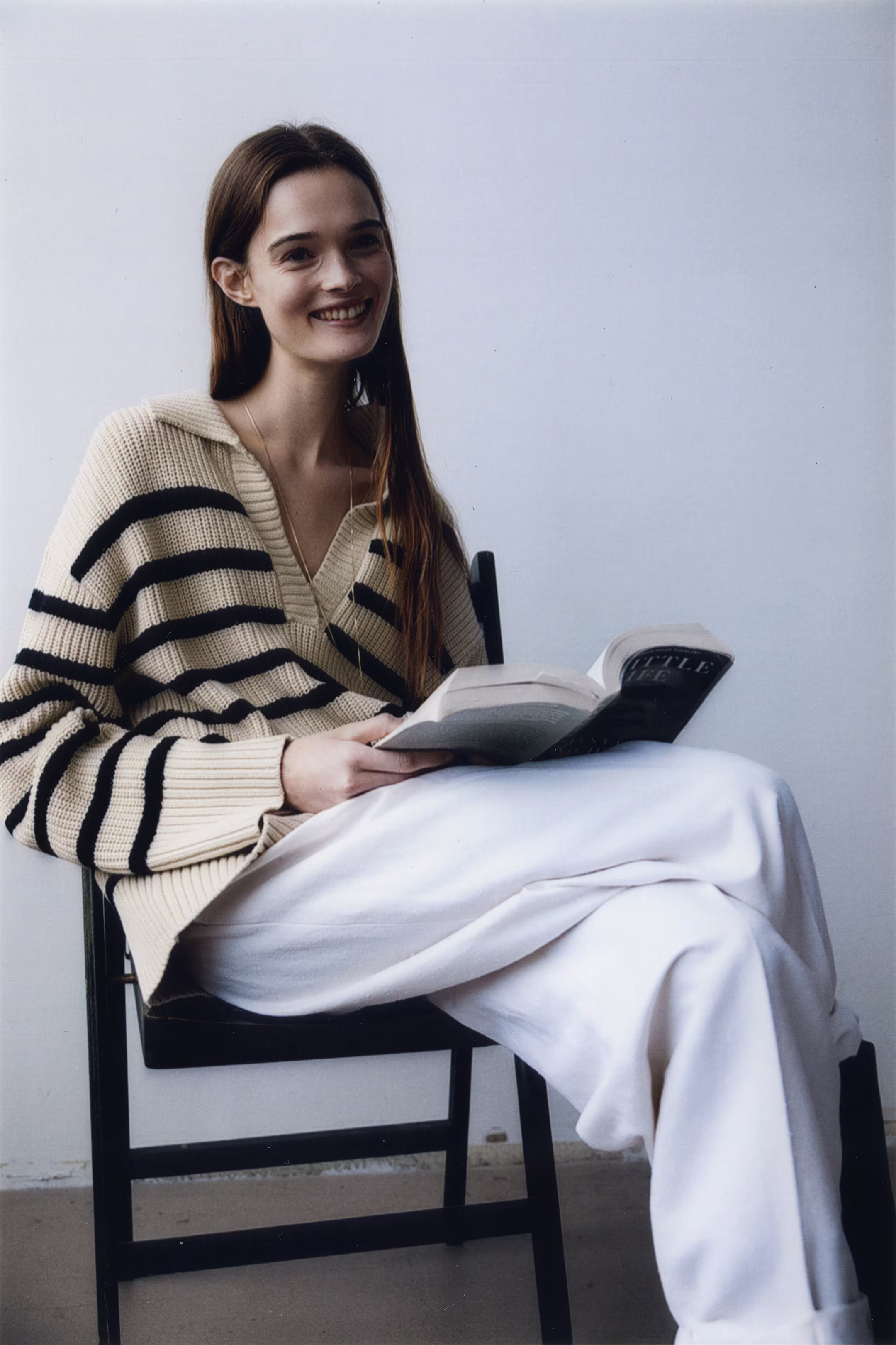 Rib-knit polo jumper - V-neck - Long sleeve - Light beige/Black striped - Ladies | H&M GB | H&M (UK, MY, IN, SG, PH, TW, HK)