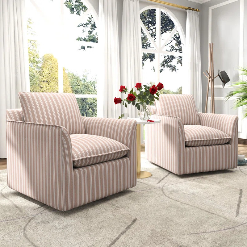 Romines 29.7" W Modern Soft Stripe Upholstered Swivel Barrel Chair with Removable Cushion (Set of... | Wayfair North America