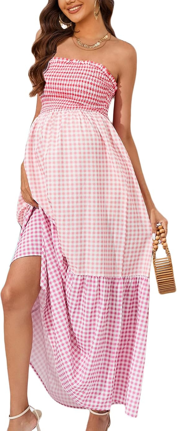 FUNJULY Maternity Sleeveless Smocked Dress Summer Casual Strapless Boho Flowy Tube Top Maxi Dress... | Amazon (US)