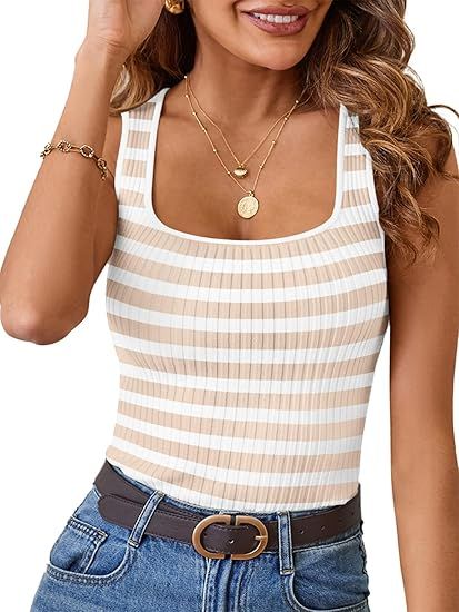 MEROKEETY Women's Sleeveless Ribbed Tank Tops Striped Knit Square Neck Shirts Summer Casual Basic... | Amazon (US)