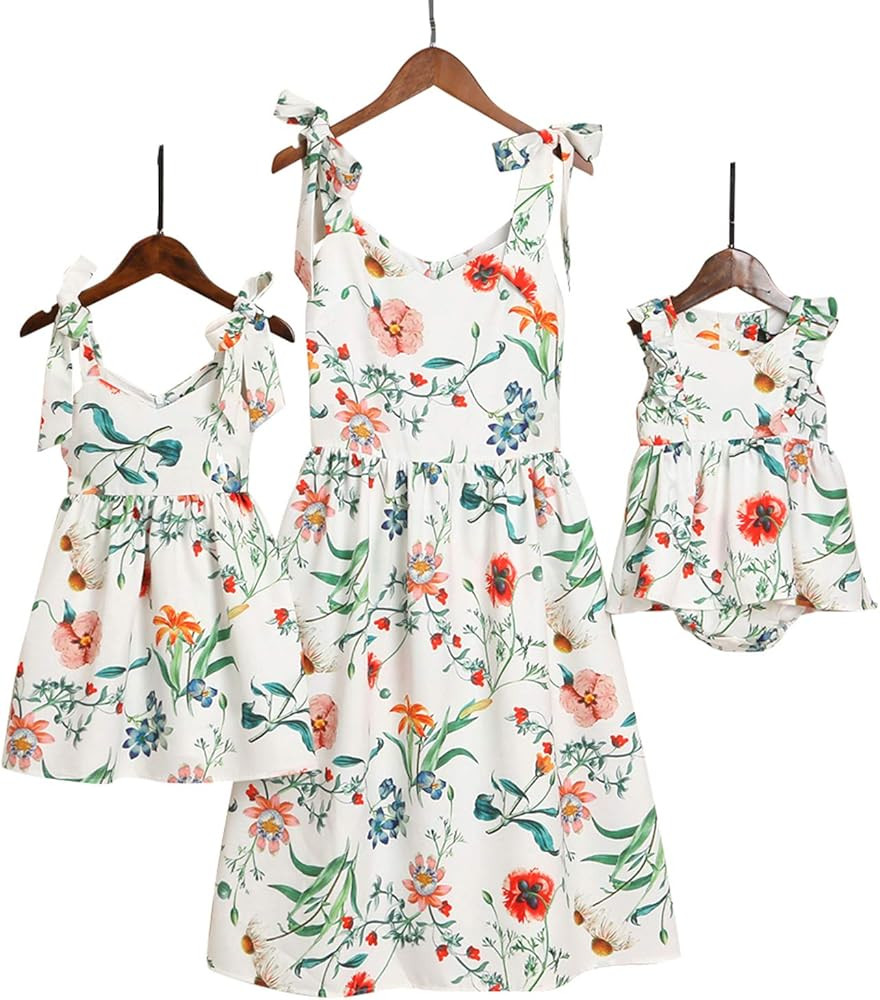 Mommy and Me Dresses Sweet Floral Print Bowknot Halter Shoulder-Straps Chiffon Dress | Amazon (US)