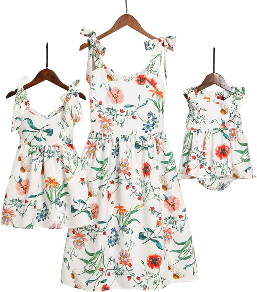 Mommy and Me Dresses Sweet Floral Print Bowknot Halter Shoulder-Straps Chiffon Dress | Amazon (US)