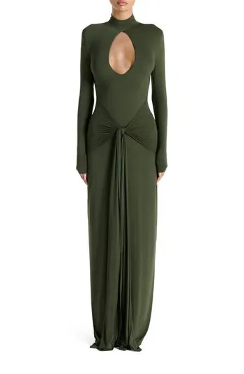 Naked Wardrobe Cutout Tie Front Long Sleeve Maxi Dress in Dark Olive at Nordstrom Rack, Size X-Large | Nordstrom Rack