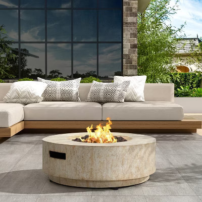 Christopher Knight Home Elisha Outdoor Lightweight Concrete 40,000 BTU Fire Pit Table with Lid, Travertine Beige | Target