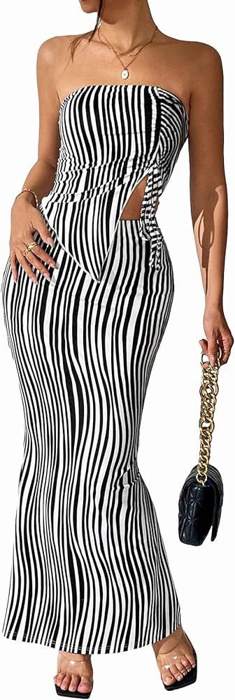 MakeMeChic Women's 2 Piece Outfits Striped Sleeveless Strapless Bandeau Tube Tops and Long Skirt | Amazon (US)