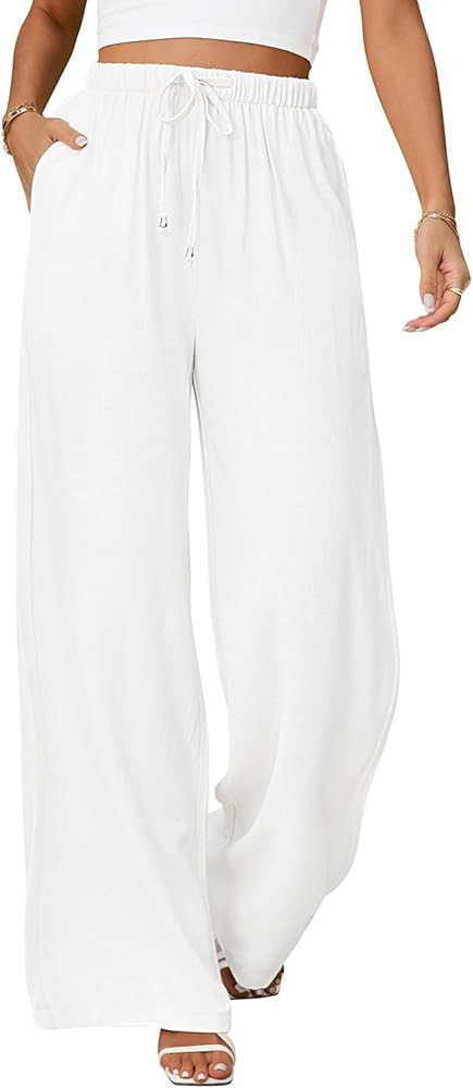 Womens Linen Pants High Waisted Wide Leg Trousers Summer Palazzo Casual Pant Flowy Drawstring Bea... | Amazon (US)