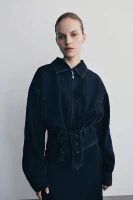 Fallon Cropped Denim Jacket - Indigo Blue | MESHKI US