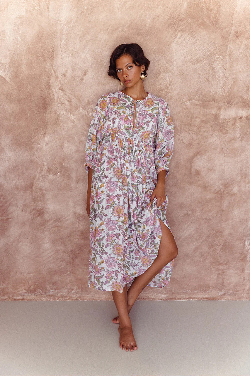 Kyra Midi Dress ~ Fuchsia Bloom | Vibrant Floral, Hand Block Print | Daughters of India