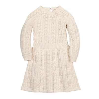 Hope & Henry Girls' Organic Rosette Detail Cable Knit Sweater Dress, Ivory Cable with Rosettes, 3 | Target