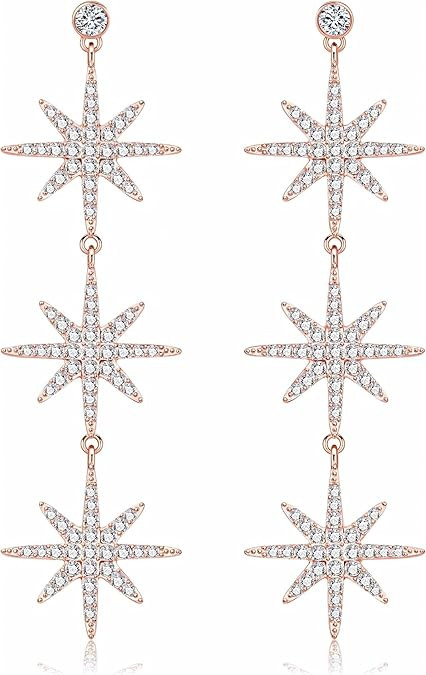 Blingsoul 3 Star Snowflake Earring - Silver Star Hexagonal Snowflakes Dangling Gold Bride Earring... | Amazon (US)