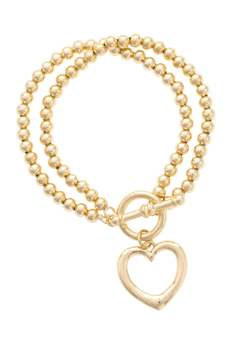Haley Open Heart Ball Bead Stretch Toggle Bracelet in Shiny Gold | CANVAS