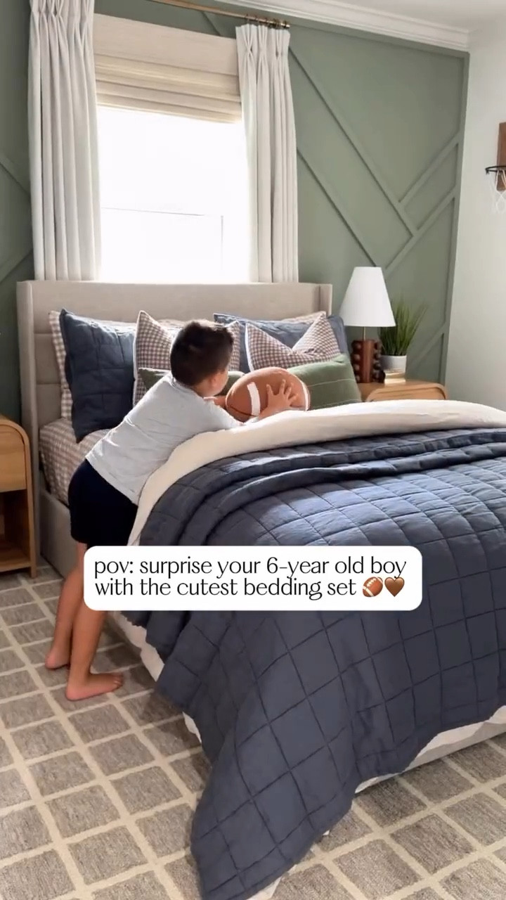 Ryan’s big boy bedding reveal ✨ 🏈 
I wanted something neutral + timeless but still fun for my sports-loving boy, and this bedding completely transformed his space into the coziest little big boy room. 

And did you catch how he chopped those pillows so perfectly at the end? 😂👏



#boybedding #bigboyroom #kidsroominspo #roomreveal #beddinggoals #boybedroom #football

#LTKSeasonal #LTKHome #LTKStyleTip