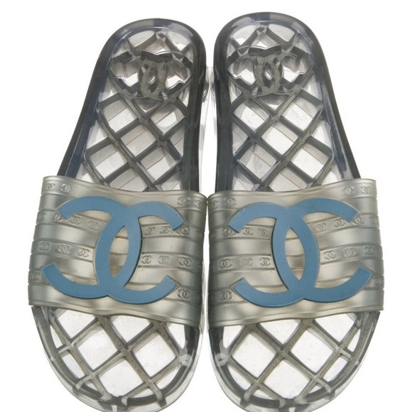 CHANEL clear slides with interlocking C! Blue emblem!! | Poshmark