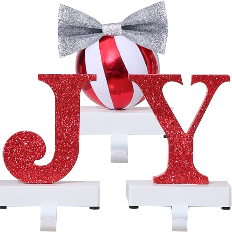 UNIQOOO Candy Cane JOY Christmas Stocking Holders, Large 3Pcs Mantel Hook Set, Base Pads, Ribbons... | Amazon (US)