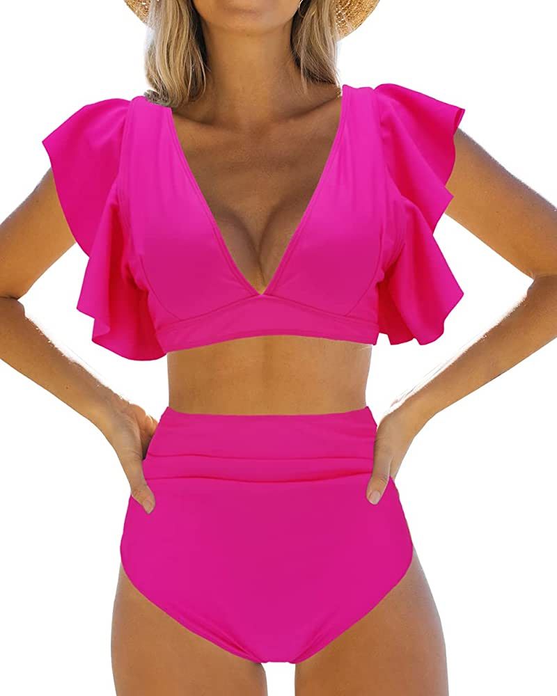 Binlowis High Waist Flounce Bikini Set Women Front Knot Side Bandage Two Piece Swimsuit Beachwear | Amazon (US)