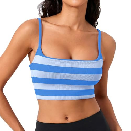 Aoysky Womens Striped Square Neck Sports Bras Spaghetti Straps Ribbed Padded Low Impact Yoga Workout Camisole Blue | Amazon (US)