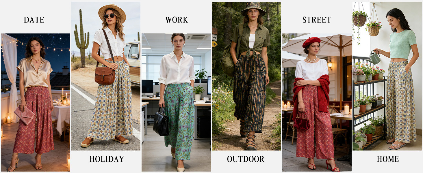 Womens Wide Leg Pants Flowy High Elastic Waist Loose Printed Beach Boho Yoga Casual Long Trousers | Amazon (US)