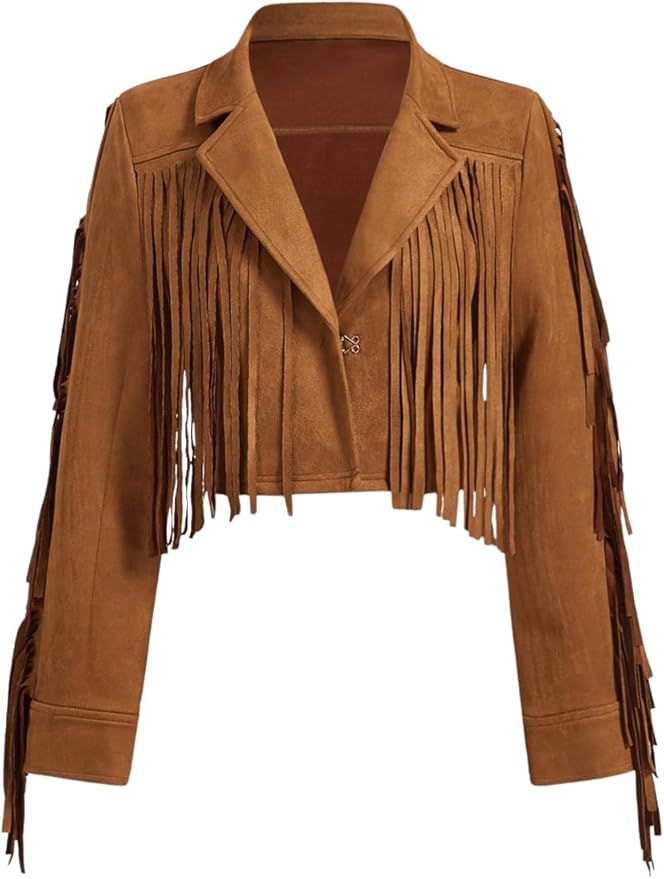 Women's Fringe Faux Suede Jacket Open Front Tassel Jacket Long Sleeve Cropped Coat Boyfriend Bike... | Amazon (US)