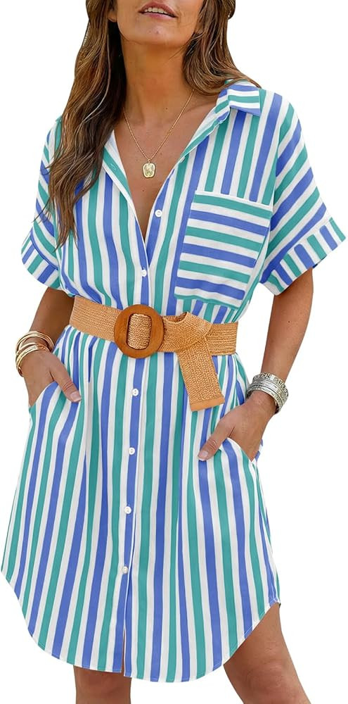 Wenrine Women's Oversized Striped Shirt Dress Casual Button Up Short Sleeve Belted Summer Midi Lo... | Amazon (US)