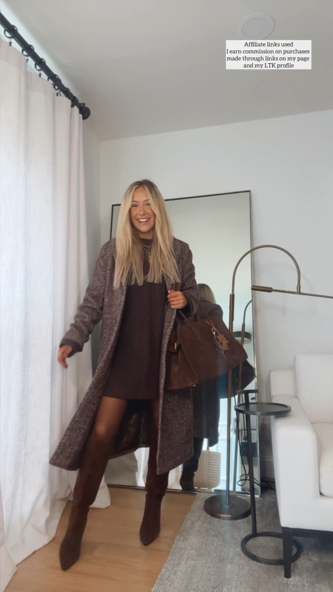 Cute casual winter outfits

Brown sweater dress and coat 