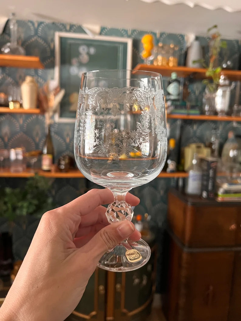 Vintage bohemian crystal wine glasses, etched wine glassware, vintage home goods, set of six crys... | Etsy (US)