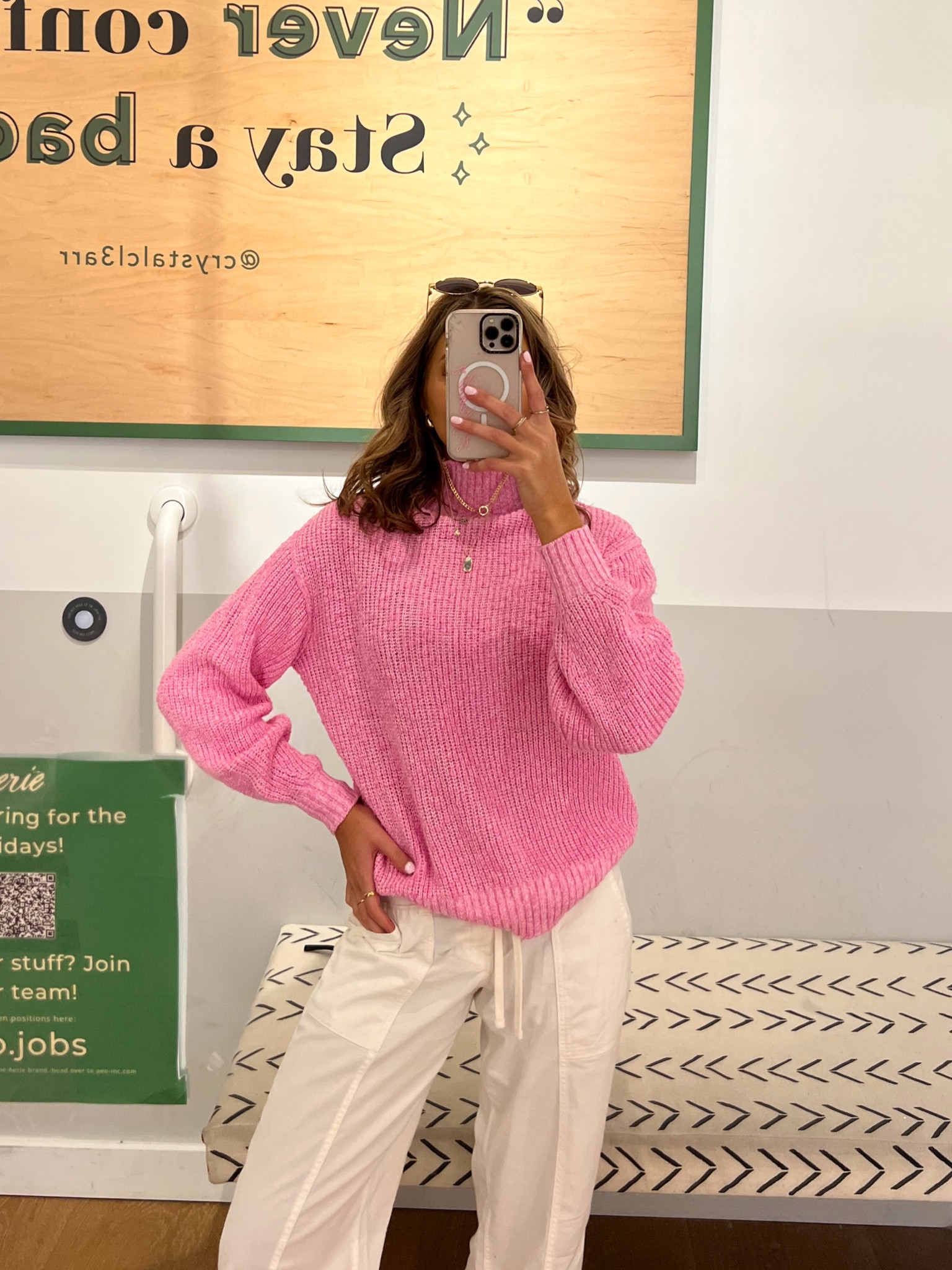 Aerie in store try on haul. wearing a size XXS in this oversized cotton spring sweater 💗🎀